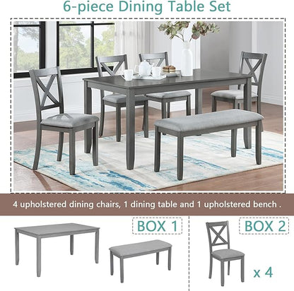 6-Piece Kitchen Dining Set, Rectangular Wooden Dining Table with 4 Upholstered Chairs and 1 Bench, Modern Dining Table Set for 6 People for Dining Room, Home Bar and Kitchen, Gray