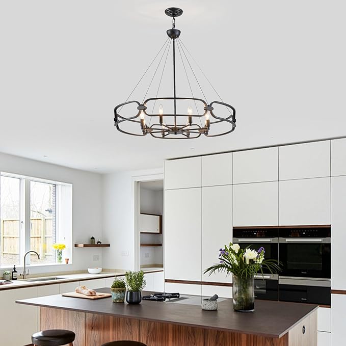 Black Chandelier, 31" Large 8-Light Industrial Chandeliers for Dining Room, Round Farmhouse Kitchen Pendant Lighting Fixture for Entryway, Living Room, Bedroom, Foyer, Office