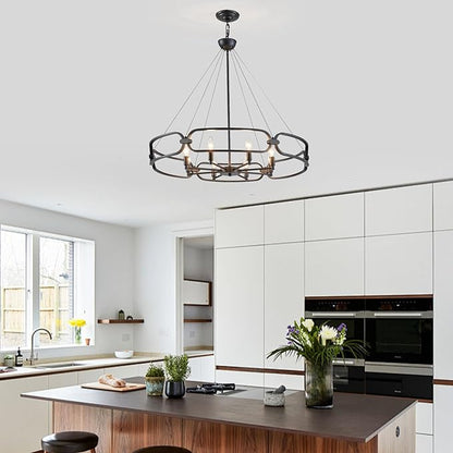 Black Chandelier, 31" Large 8-Light Industrial Chandeliers for Dining Room, Round Farmhouse Kitchen Pendant Lighting Fixture for Entryway, Living Room, Bedroom, Foyer, Office