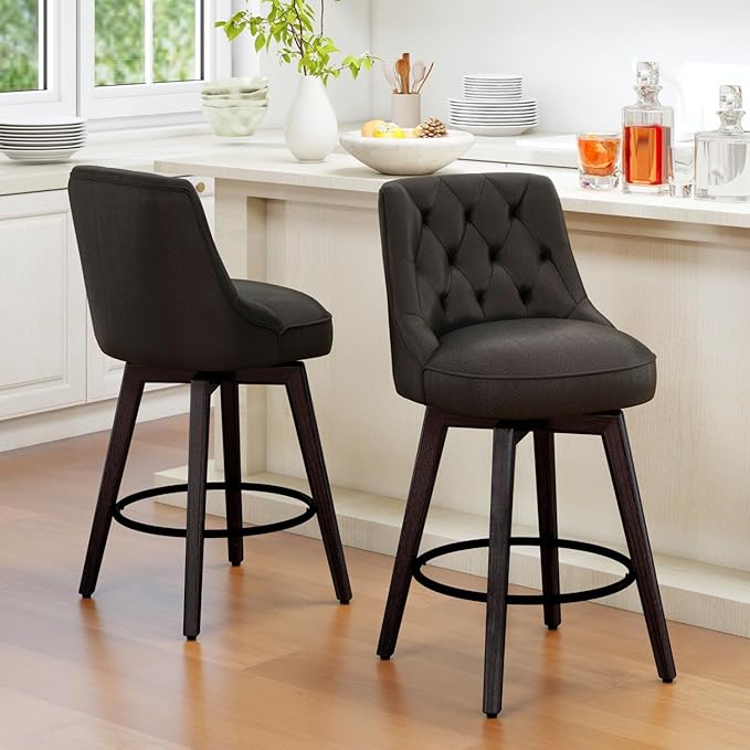Vipbear Swivel Bar Stools Set of 2, Updated Thickened Faux Leather Counter Height Barstools with Backs, Solid Wood Legs, 26" Modern Bar Height Stools for Kitchen Island, Dining Room, Black Seat