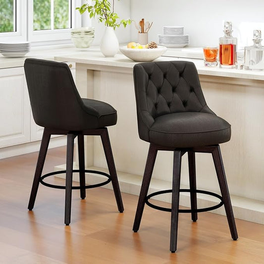 Vipbear Swivel Bar Stools Set of 2, Updated Thickened Faux Leather Counter Height Barstools with Backs, Solid Wood Legs, 26" Modern Bar Height Stools for Kitchen Island, Dining Room, Black Seat