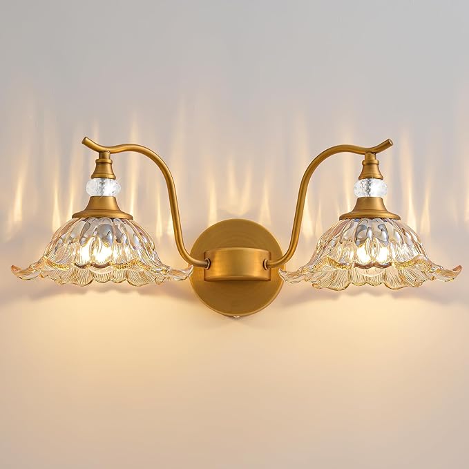 Vintage Bathroom Vanity Light Fixtures - 2 Light Antique Brass Bathroom Lights Fixture Over Mirror with Amber Flower Glass,Retro Brushed Gold Bronze Wall-Mounted Vanity Lighting for Powder Room