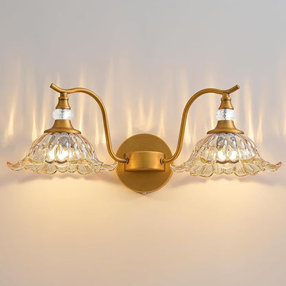 Vintage Bathroom Vanity Light Fixtures - 2 Light Antique Brass Bathroom Lights Fixture Over Mirror with Amber Flower Glass,Retro Brushed Gold Bronze Wall-Mounted Vanity Lighting for Powder Room