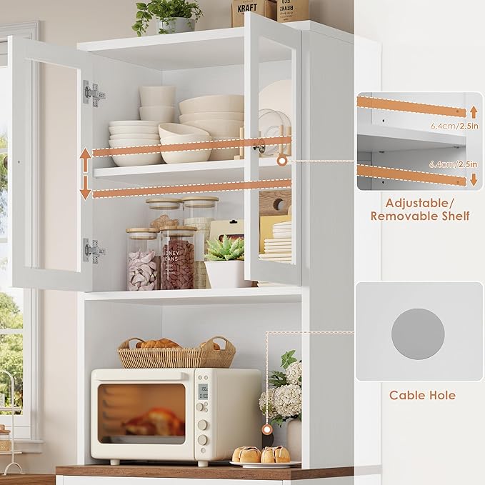 Keyluv 71“ Tall Kitchen Pantry Storage Cabinet with Microwave Stand, Buffet Kitchen Hutch with Shelves and Drawers, Wood Coffee Bar Pantry Cabinet with Glass Doors, for Dining Room/Small Space, White