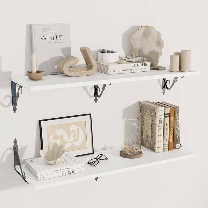 Dreamland Deep Floating Shelves, 40" W x 12" D Wall Shelves Set of 2, Wide Display Shelf Wall Mounted with Brackets, Bookshelf for Living Room, Bathroom, Bedroom, White