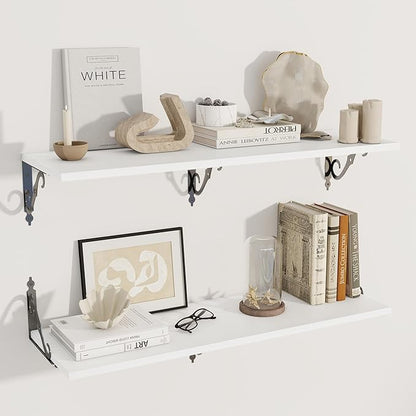 Dreamland Deep Floating Shelves, 40" W x 12" D Wall Shelves Set of 2, Wide Display Shelf Wall Mounted with Brackets, Bookshelf for Living Room, Bathroom, Bedroom, White