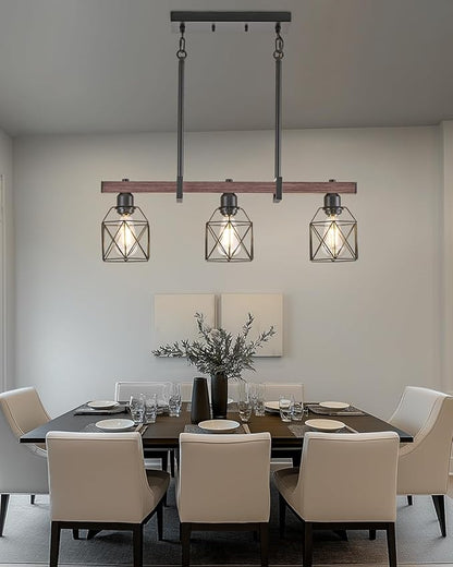 Industrial Pendant Light Fixture, 3-Light Kitchen Island Lighting with Wood Grain Bar and Black Metal Cage, Farmhouse Rustic Hanging Ceiling Lamp for Dining Room, Living Room