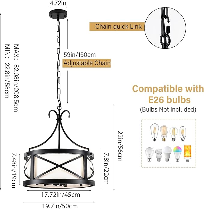 Drum Chandelier Round Farmhouse Chandeliers 6-Light Modern Chandelier Light Fixture Entryway 19.7" Industria Light Fixture Hanging for Dining Room Living Room Kitchen