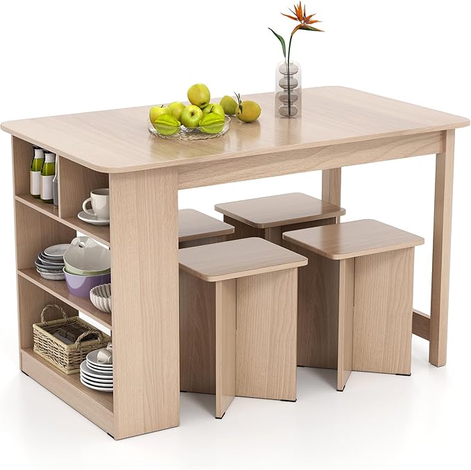Dining Table Set for 4, Island Table for Kitchen with 3-Tier Shelves & 4 Stools, Wooden Kitchen & Dining Room Furniture, Dinette Set for Home, Restaurant, Bar, Bistro (Natural)