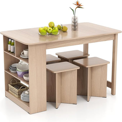 Dining Table Set for 4, Island Table for Kitchen with 3-Tier Shelves & 4 Stools, Wooden Kitchen & Dining Room Furniture, Dinette Set for Home, Restaurant, Bar, Bistro (Natural)