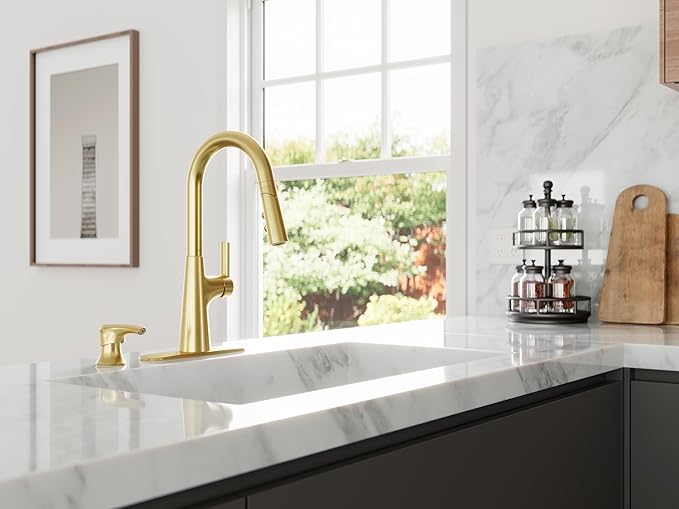 Pfister Tasso Kitchen Faucet with Pull Down Sprayer and Soap Dispenser, Single Handle, High Arc, NSF Certified, Brushed Gold Finish, F5297TSOBG