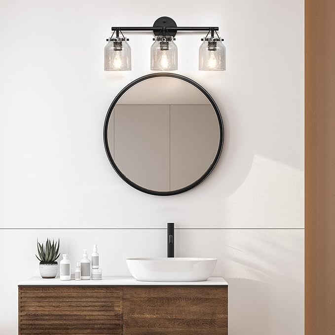 Globe Electric 63000207 5-Piece All-in-One Bathroom Set, 22" 3-Light Vanity Light, Matte Black, Seeded Glass Shades, Towel Bar, Robe Hook, Toilet Paper Holder, Towel Ring, Bathroom Lights Over Mirror