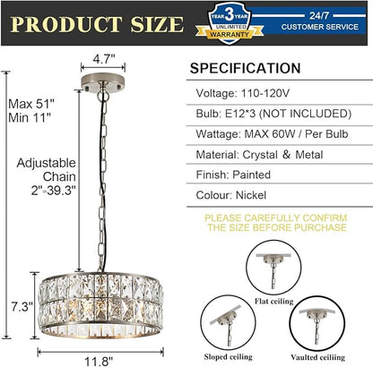 12” 3-Light Modern Crystal Chandeliers Nickel Dinning Room Light Fixture, Round Pendant Light Kitchen Island Chandelier, Flush Mount Ceiling Light for Living Room Entryway Bedroom Foyer