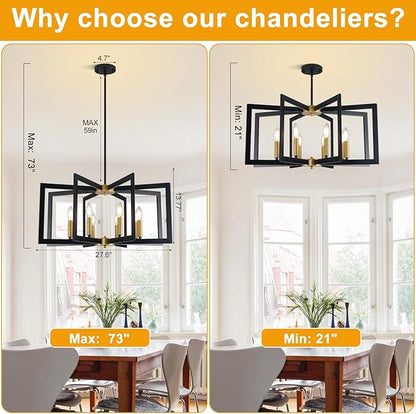 27.6" Modern Black and Gold Chandelier for Dining Room, 8-Light Easy To Install Farmhouse Dining Room Light Fixture Over Table, Industrial Hanging Pendant Lights for Kitchen Island, Foyer, Entryway