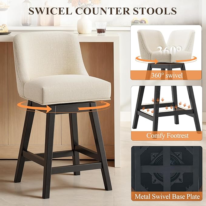 MALOL Swivel Bar Stools Set of 6, 27" Counter Height Kitchen Stools with Padded Seats and Solid Wood Legs, Upholstered Barstools for Kitchen Island, Breakfast Nook (Beige)