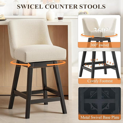 MALOL Swivel Bar Stools Set of 4, 27" Counter Height Kitchen Stools with Padded Seats and Solid Wood Legs, Upholstered Barstools for Kitchen Island, Breakfast Nook (Beige)