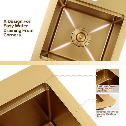 15 Inch Gold Sink Undermount, 16 Gauge 304 Stainless Steel Workstaion Kitchen Sinks with Ledge & Accessories, 15" x 17" x10" Deep Bowl For Outdoor, RV,Prep Sink, and Wet Bar