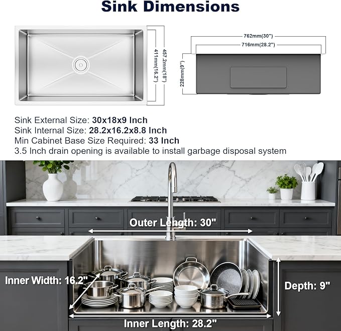 30-inch Undermount Kitchen Sink, S304 Stainless Steel Single Bowl Kitchen Sinks, Modern Kitchen Sink with Bottom Grid & Drain Assembly