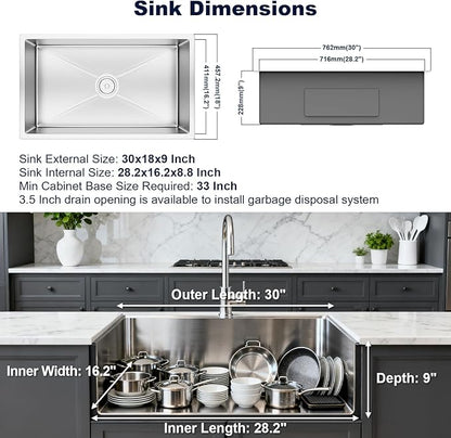 30-inch Undermount Kitchen Sink, S304 Stainless Steel Single Bowl Kitchen Sinks, Modern Kitchen Sink with Bottom Grid & Drain Assembly