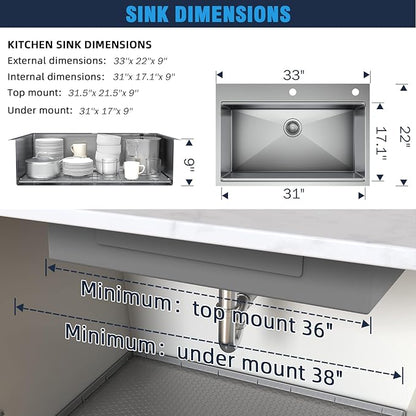 33 Undermount Kitchen Sink Modern - 33x22 Drop-in Kitchen Sinks, 18 Gauge 304 Stainless Steel Workstation Sink, Deep Single Bowl, Dual Mount, Handmade Basin, 9 Inch Deep, Built-In Accessories