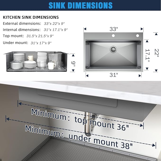 33 Undermount Kitchen Sink Modern - 33x22 Drop-in Kitchen Sinks, 18 Gauge 304 Stainless Steel Workstation Sink, Deep Single Bowl, Dual Mount, Handmade Basin, 9 Inch Deep, Built-In Accessories