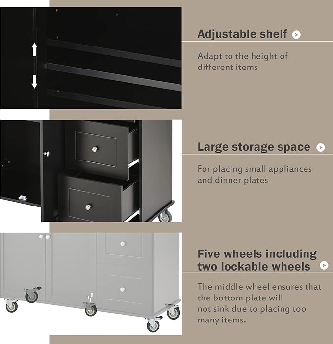 GOWE Rolling Mobile Kitchen Island with Solid Wood Top and Locking Wheels,52.7 Inch Width,Storage Cabinet and Drop Leaf Breakfast Bar,Spice Rack, Towel Rack & Drawer (Black)