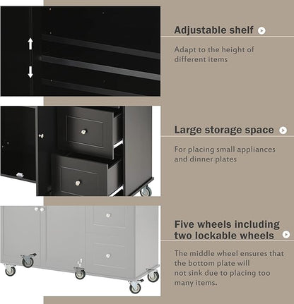 GOWE Rolling Mobile Kitchen Island with Solid Wood Top and Locking Wheels,52.7 Inch Width,Storage Cabinet and Drop Leaf Breakfast Bar,Spice Rack, Towel Rack & Drawer (Black)