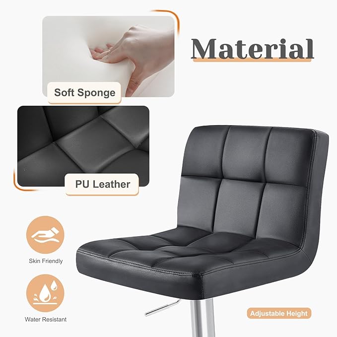 Sweetcrispy Bar Stools Set of 2, Armless PU Leather Adjustable Swivel Barstools, Hydraulic Kitchen Counter Height Thickened Seat Cushion Square Island Countertop Chairs with Back, Black