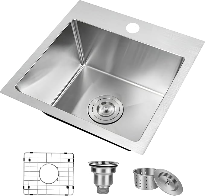 YSSOA Top-Mount Workstation Kitchen Sink, 20 Gauge Single Bowl Stainless Steel with 3 Accessories (Sink + Bottom Grid + Drain), 15-Inch, Silver