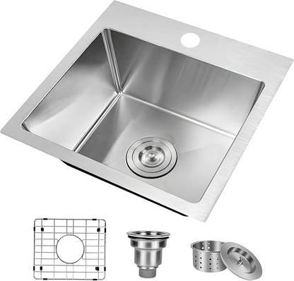 YSSOA Top-Mount Workstation Kitchen Sink, 20 Gauge Single Bowl Stainless Steel with 3 Accessories (Sink + Bottom Grid + Drain), 15-Inch, Silver