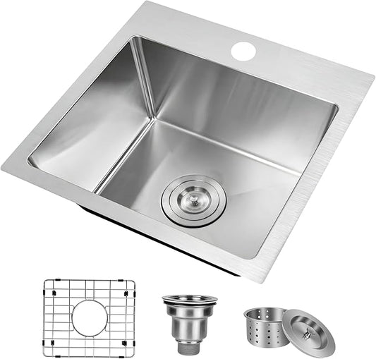 YSSOA Top-Mount Workstation Kitchen Sink, 20 Gauge Single Bowl Stainless Steel with 3 Accessories (Sink + Bottom Grid + Drain), 15-Inch, Silver
