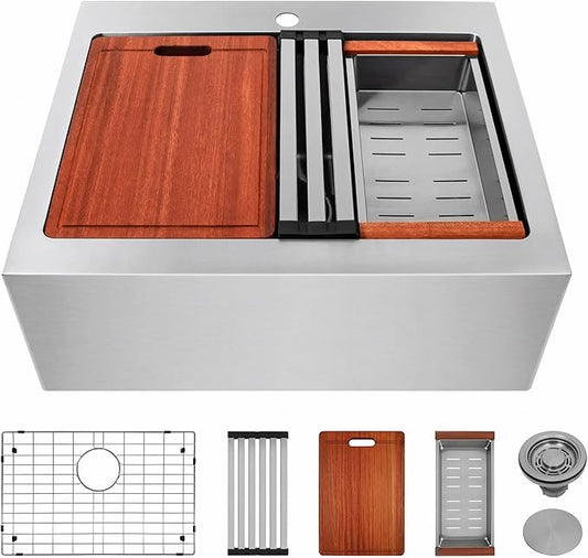 Rhbamoa 26 Inch Stainless Steel Farmhouse Sink,16-Gauge T304 Stainless Steel Drop in Kitchen Sinks,Small Single Bowl Apron Front Farm Sink,10 Inch Depth Topmount Workstation Sinks with All Accessories