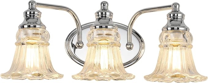 3-Light Bathroom Light Fixtures Over Mirror, Vintage Vanity Lights with Clear Floral Glass Shades, Chrome