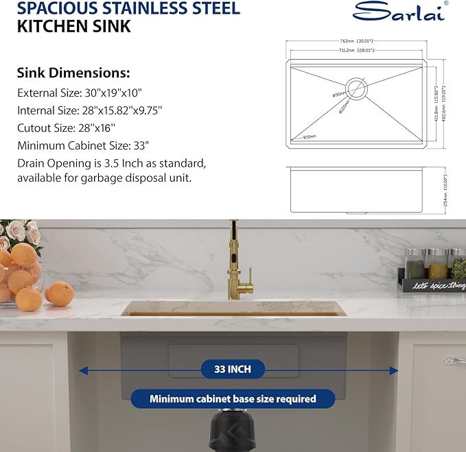 Sarlai 30 Inch Gold Undermount Kitchen Sink - 30" x18" Kitchen Sink Ledge Workstation 16 Gauge Gold Stainless Steel Deep Single Bowl Under Counter Rectangular Kitchen Sinks Basin