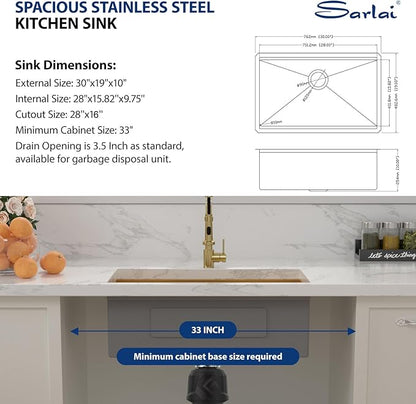 Sarlai 30 Inch Gold Undermount Kitchen Sink - 30" x18" Kitchen Sink Ledge Workstation 16 Gauge Gold Stainless Steel Deep Single Bowl Under Counter Rectangular Kitchen Sinks Basin