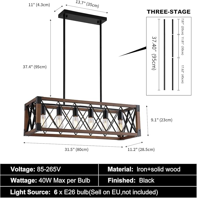 Dining Room Light Fixture/Chandelier Over Table,Matte Black Rustic Wood Ceiling Pendant Light,6-Light Kitchen Island Lighting Fixtures, Linear Farmhouse Chandeliers for Dining Room,Kitchen Island