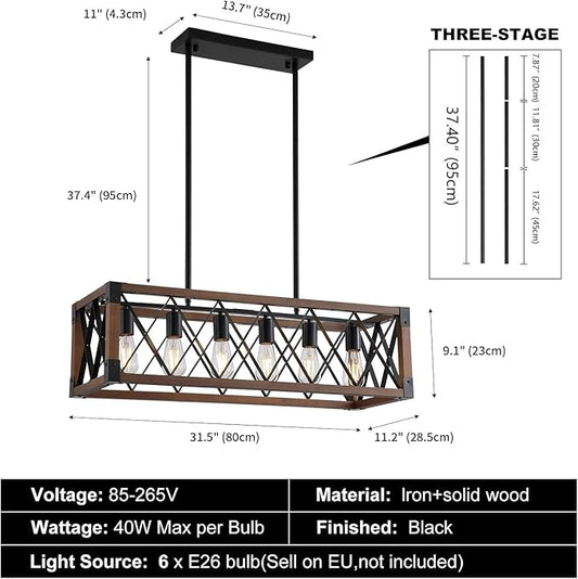 Dining Room Light Fixture/Chandelier Over Table,Matte Black Rustic Wood Ceiling Pendant Light,6-Light Kitchen Island Lighting Fixtures, Linear Farmhouse Chandeliers for Dining Room,Kitchen Island