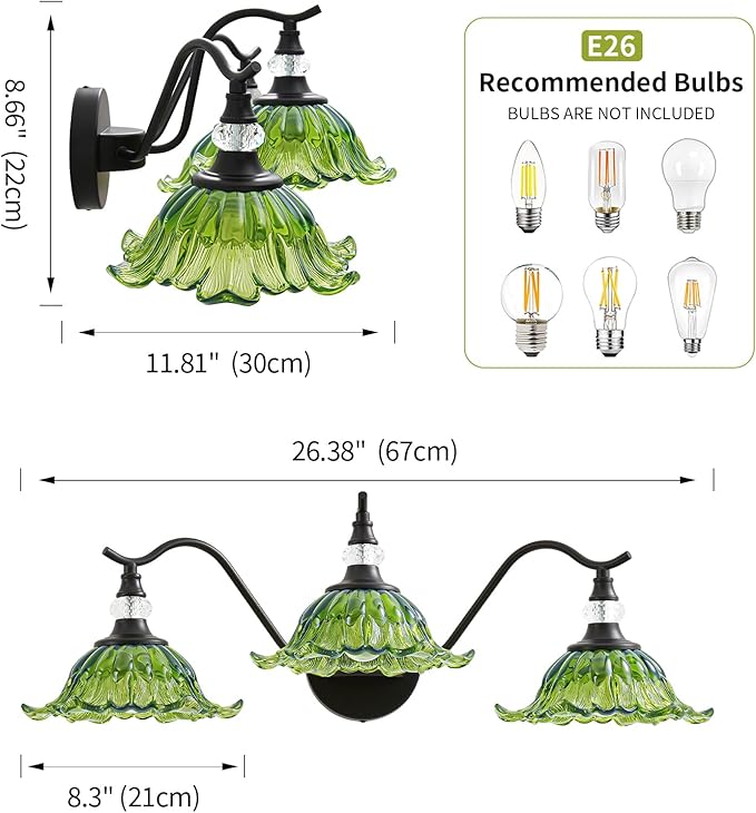 Vintage Bathroom Vanity Light Fixtures - 3 Light Antique Matte Black Bathroom Lights Fixture Over Mirror with Green Flower Glass,Retro High End Wall Mounted Vanity Lighting for Bath Powder Room