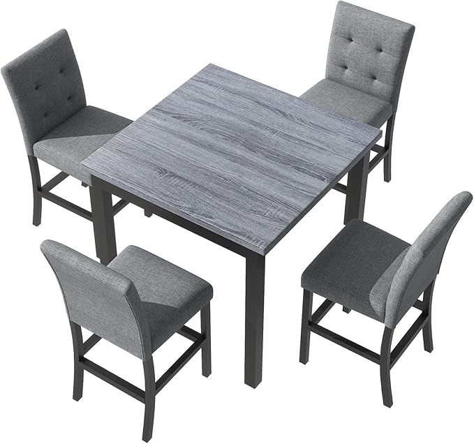 Virubi 5-Piece Dining Table Set for 4 with Chairs, Modern Square Solid Wood Kitchen Table Set with Upholstered High-Back Stools w/Footrest for Home Kitchen Dining Room, Black