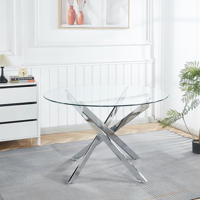 Round Glass Dining Table,Glass Dining Room Table with Metal Legs, Modern Style Glass Kitchen Table for Home, Kitchen, Dining Room