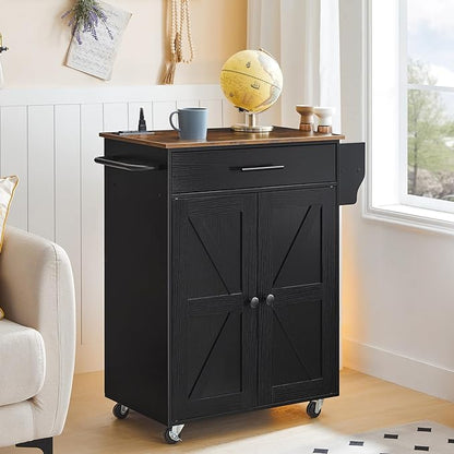 HOOBRO Kitchen Island with Power Outlet, Rolling Kitchen Island with Large Worktop, Kitchen Island Cart with Spice Rack and Drawer, Island Table for Dining Room, Rustic Brown and Black BF88UZD01