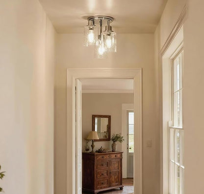 Semi Flush Mount Ceiling Light, 3-Light Close to Ceiling Light Fixtures, Electroplating Chrome Finish with Clear Seeded Glass Shade Chandelier Lighting for Stairs Porch Hallway Entryway Kitchen