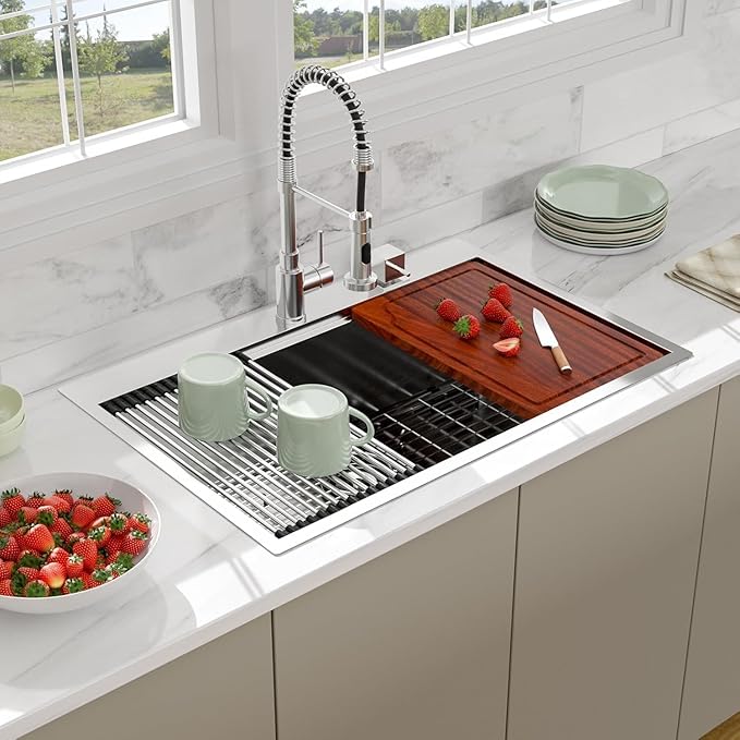33 Inch Drop In Kitchen Sink Workstation - Beslend 16 Gauge T304 stainless Steel Drop In Sink 33x22 Single Bowl Top Mount Over Counter Handmade Kitchen Basin 33x22x10 Inch