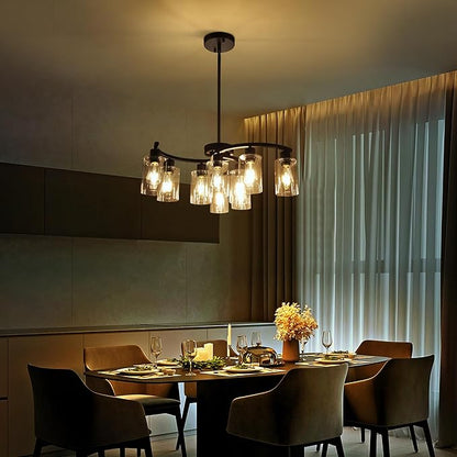 Sigaitwei 9-Light Modern Farmhouse Chandelier，29.5" Black Dining Room Light Fixture，Industrial Pendant Lights Kitchen Island,Metal Bracket with Downward Clear Glass Shade