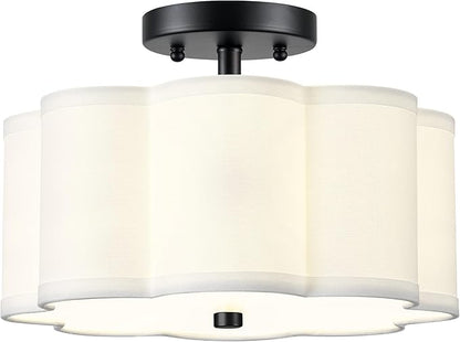 Semi Flush Mount Ceiling Lights, 3-Light 13" Ceiling Light Fixtures with Fabric Shade in Flower Shape, Matte Black Drum Lighting for Nursery Hallway Bedroom Kitchen, AD-22007-3SF-BK