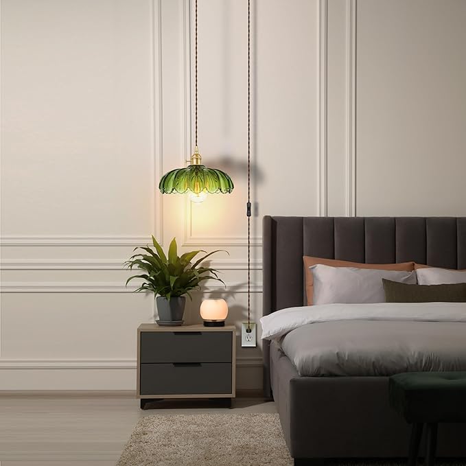 Plug-in Pendant Light Fixture, Hanging Light Fixture, Glass Pendant Light, Swag Lamp with Inline On/Off Switch for Kitchen Island, Bedroom, Dining Room, Living Room (Green Lotus, Plug-in)