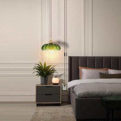 Plug-in Pendant Light Fixture, Hanging Light Fixture, Glass Pendant Light, Swag Lamp with Inline On/Off Switch for Kitchen Island, Bedroom, Dining Room, Living Room (Green Lotus, Plug-in)