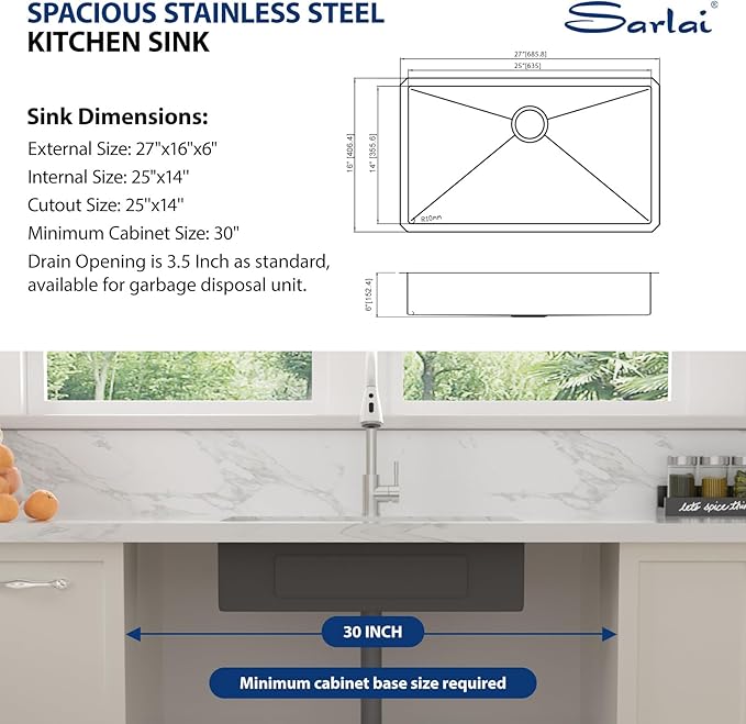Sarlai ADA Black Kitchen Sink - 27 Inch Undermount Kitchen Sink Gunmetal Black 6-Inch Low Depth ADA Compliant Single Bowl 16 Gauge Stainless Steel 27x16 Inch Under Mount Handmade Sinks Basin