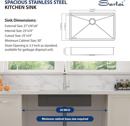 Sarlai ADA Black Kitchen Sink - 27 Inch Undermount Kitchen Sink Gunmetal Black 6-Inch Low Depth ADA Compliant Single Bowl 16 Gauge Stainless Steel 27x16 Inch Under Mount Handmade Sinks Basin