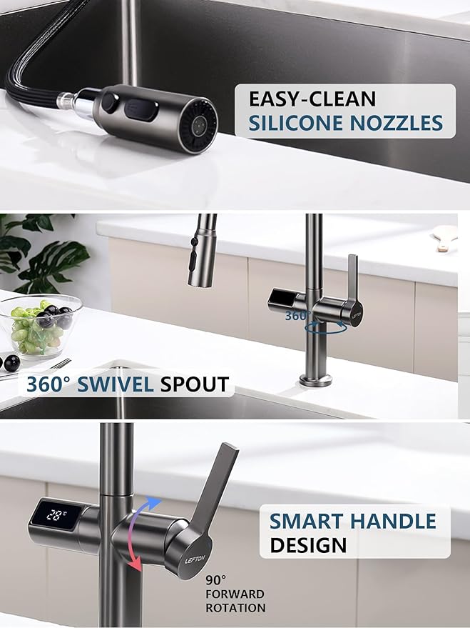 Lefton Touchless Pull-Out Kitchen Faucet, Hands Free Motion Sensor Activated, Battery-Free Temperature Display, KF2206 (Contemporary, Grey)